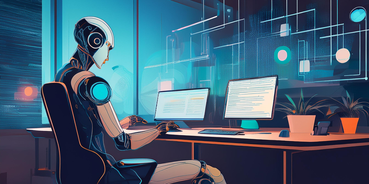 Robot siedzący przed monitorem - grafika wygenerowana przez AI