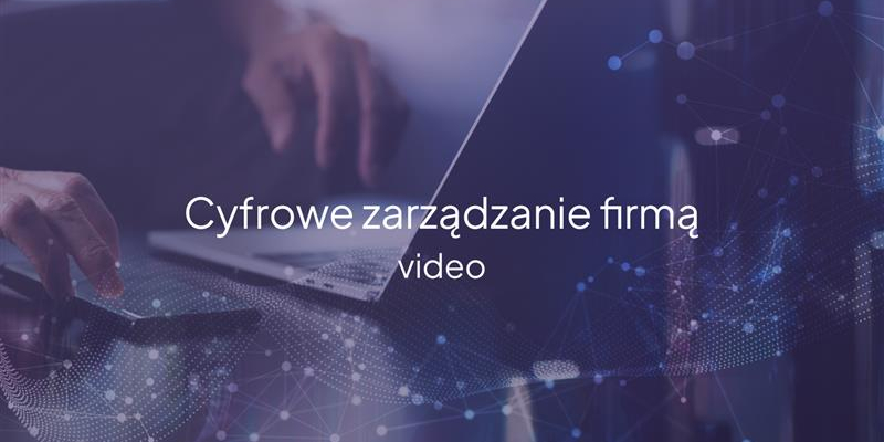 Napis "Cyfrowe zarządzanie firmą" na fioletowym tle