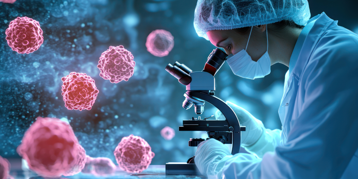 Badaczka medyczna analizująca komórki rakowe pod mikroskopem w warunkach laboratoryjnych.