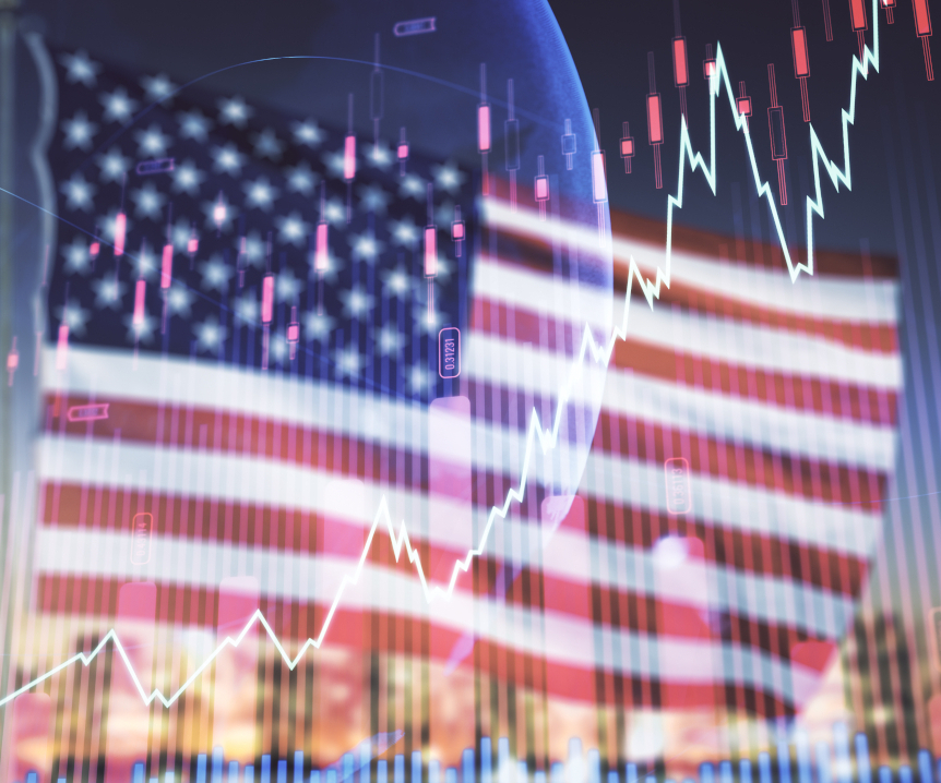 Słupki wykresów na tle flagi USA