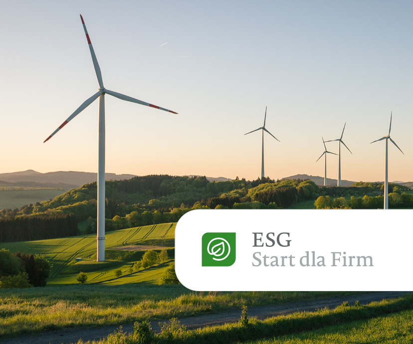 Wiatraki na zielonych polach i logotyp "ESG Start dla Firm"