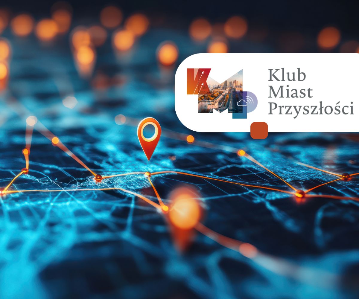 Grafika w tle z ikonkami lokalizacji oraz logotyp Klubu Miast Przyszłości