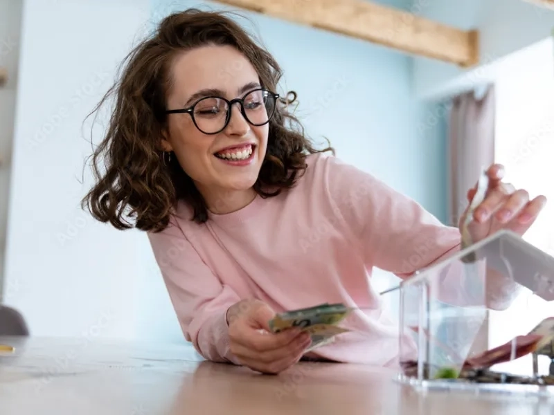 Kobieta wrzucająca pieniądze do skarbonki