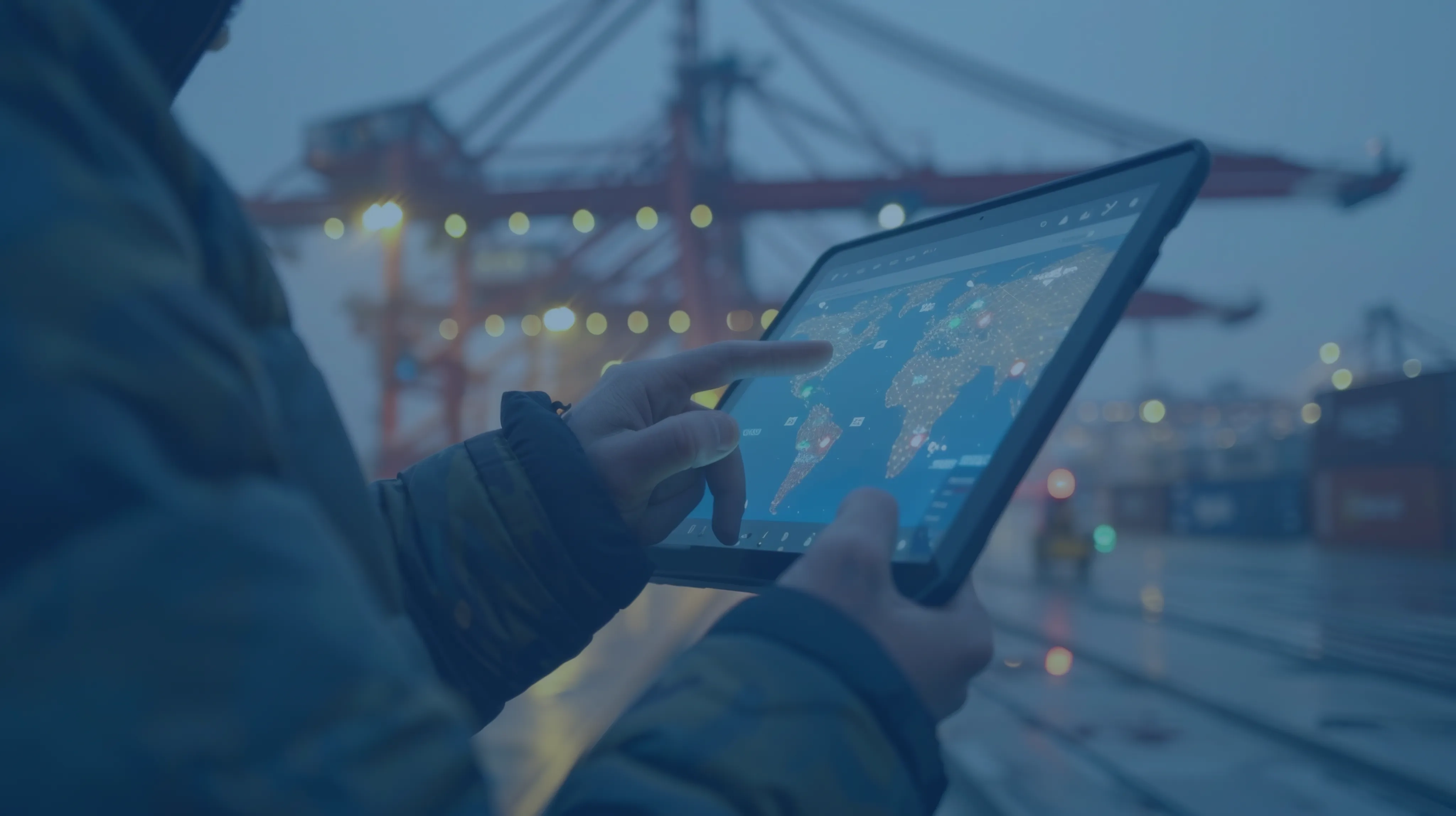 Tablet trzymany w dłoniach na tle portu przeładunkowego
